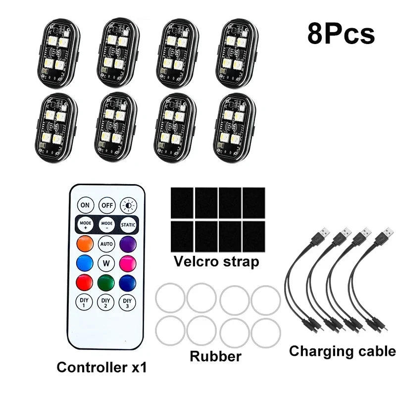 2/4 buc 8 culori lumini stroboscopice cu LED pentru decorarea mașinii fără fir