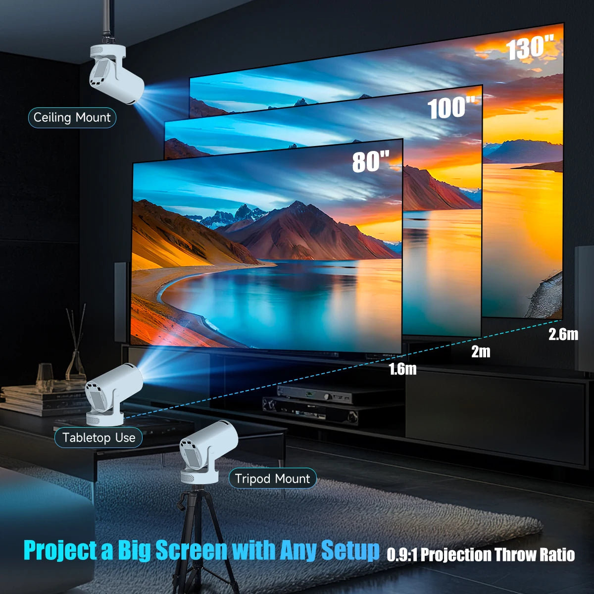 Proiector Magcubic HY300 Pro+ 2025 Android 11, 300 ANSI lumeni, WiFi 6, Bluetooth 5.4, 1080P, suport 4K, proiector de filme portabil pentru exterior