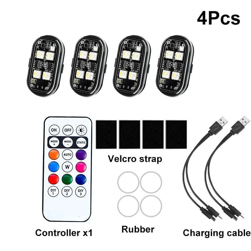 2/4 buc 8 culori lumini stroboscopice cu LED pentru decorarea mașinii fără fir