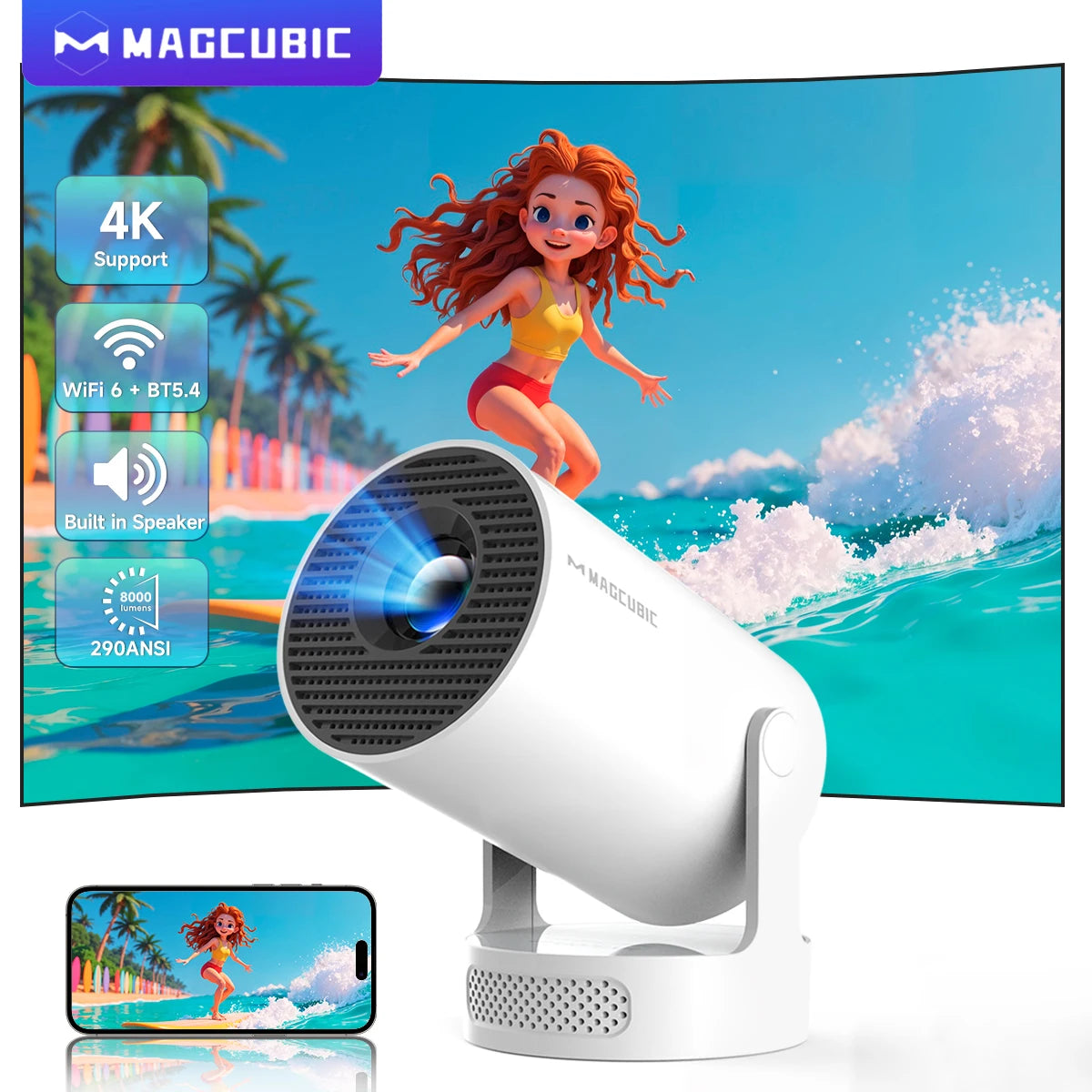 Proiector Magcubic HY300 Pro+ 2025 Android 11, 300 ANSI lumeni, WiFi 6, Bluetooth 5.4, 1080P, suport 4K, proiector de filme portabil pentru exterior