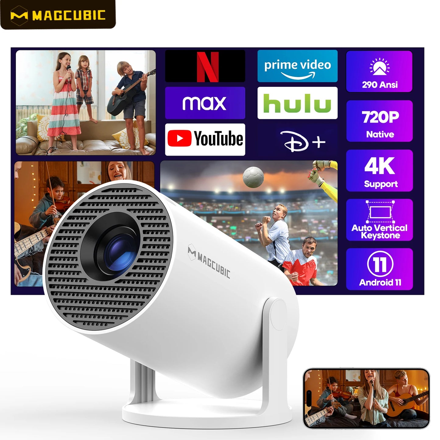 Proiector Magcubic HY300 Pro+ 2025 Android 11, 300 ANSI lumeni, WiFi 6, Bluetooth 5.4, 1080P, suport 4K, proiector de filme portabil pentru exterior