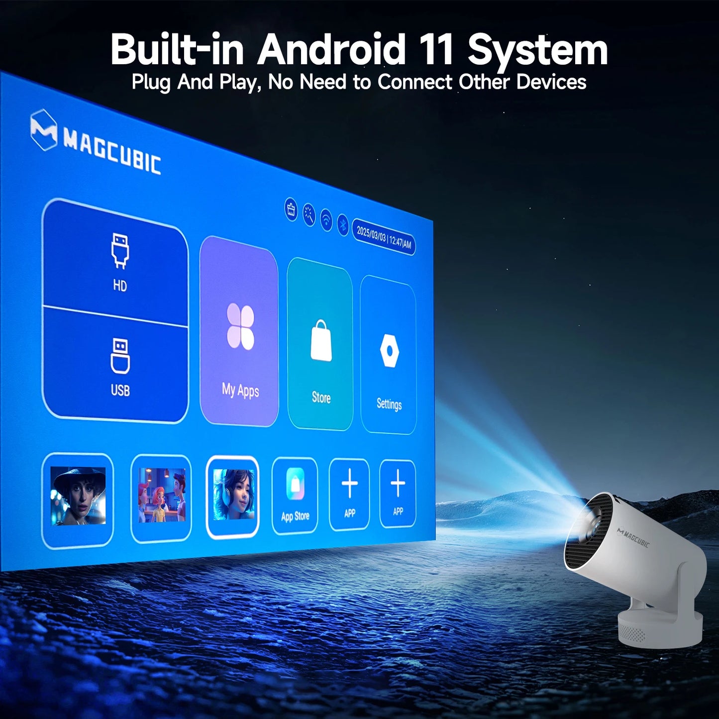 Proiector Magcubic HY300 Pro+ 2025 Android 11, 300 ANSI lumeni, WiFi 6, Bluetooth 5.4, 1080P, suport 4K, proiector de filme portabil pentru exterior